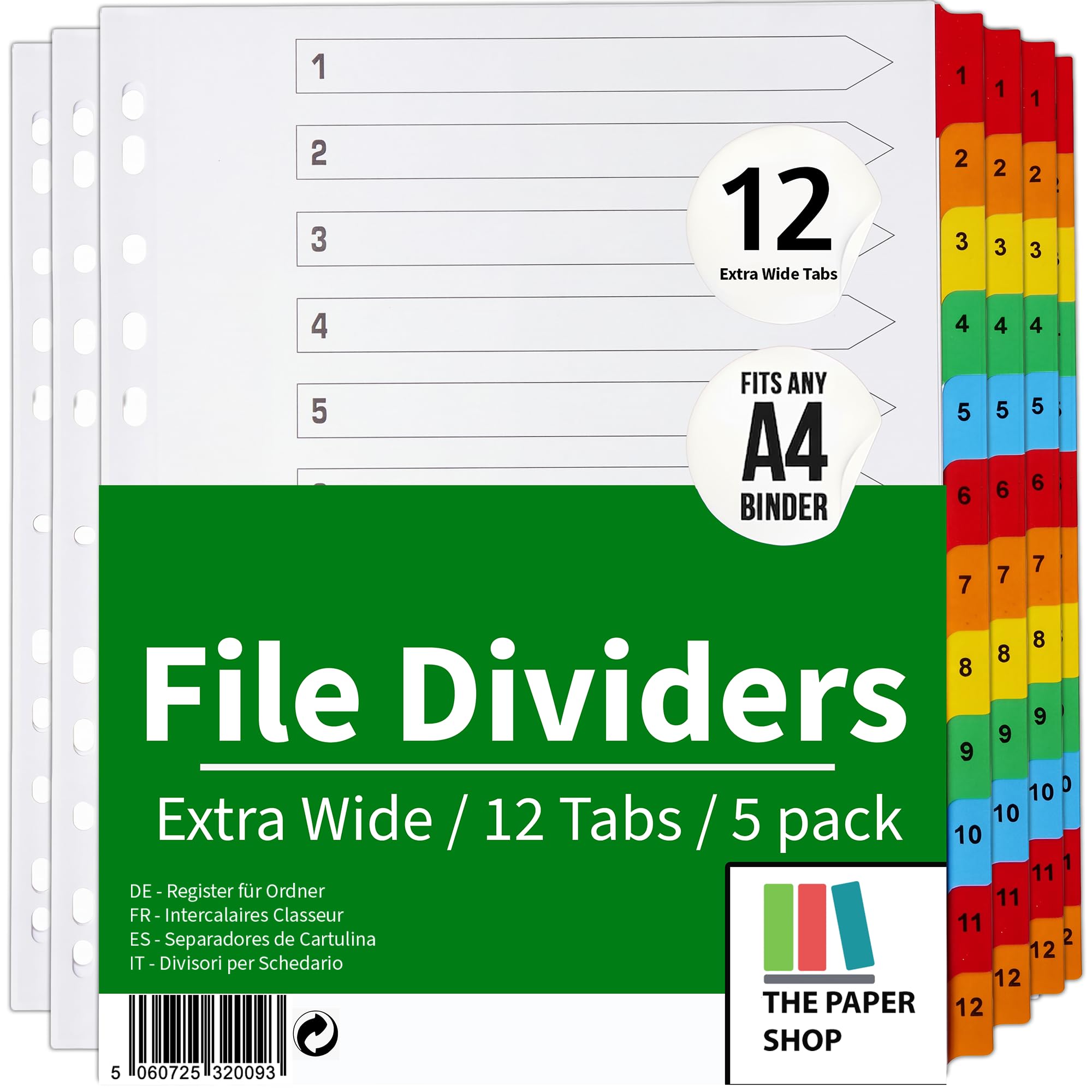 [5 Pack] A4+ Extra Wide 12 Part File Dividers A4+ Extra Wide 12 Part Numbered Subject Dividers Multipunched Reinforced Colour Tabs 150gsm