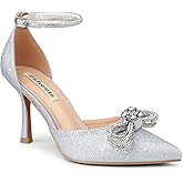 Zzheels Women's Wedding Heels Sparkly Rhinestone Stiletto Pumps Bow Heels Pointed Toe Ankle Strap High Heels Bridal Party Dress Shoes