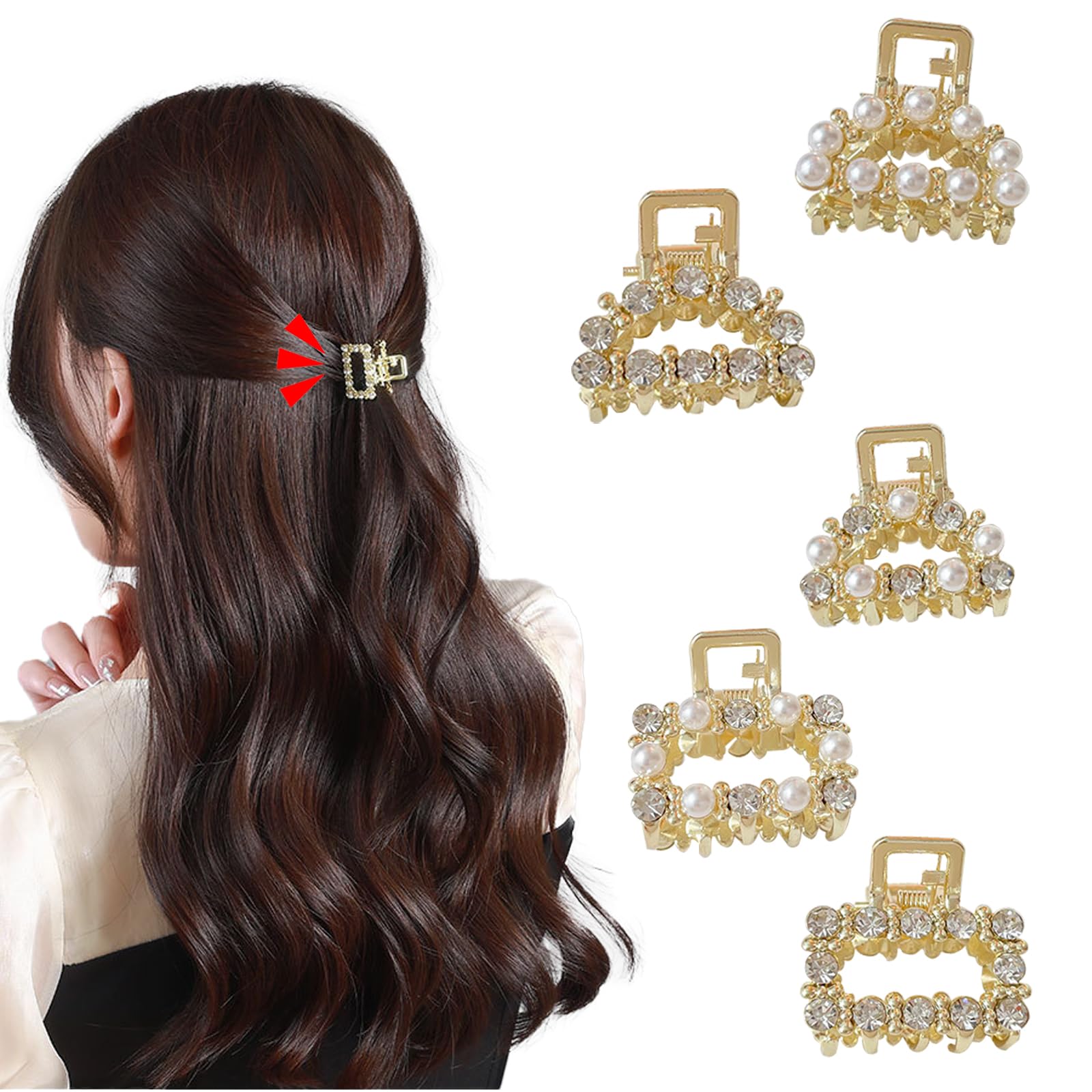 BSITSSS 5 Pcs Mini Hair Claw Clips with Crystal Rhinestone, Gold Diamante Non-Slip Tiny Hair Accessories for Women and Girls