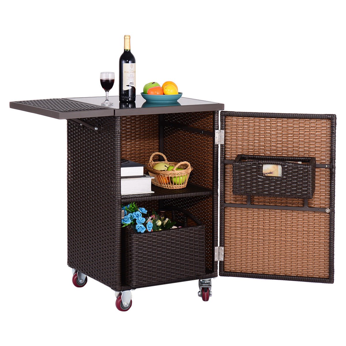 New MTN-G Brown Rattan Wicker Kitchen Trolley Cart Patio Roller Dining Storage Glass Stand