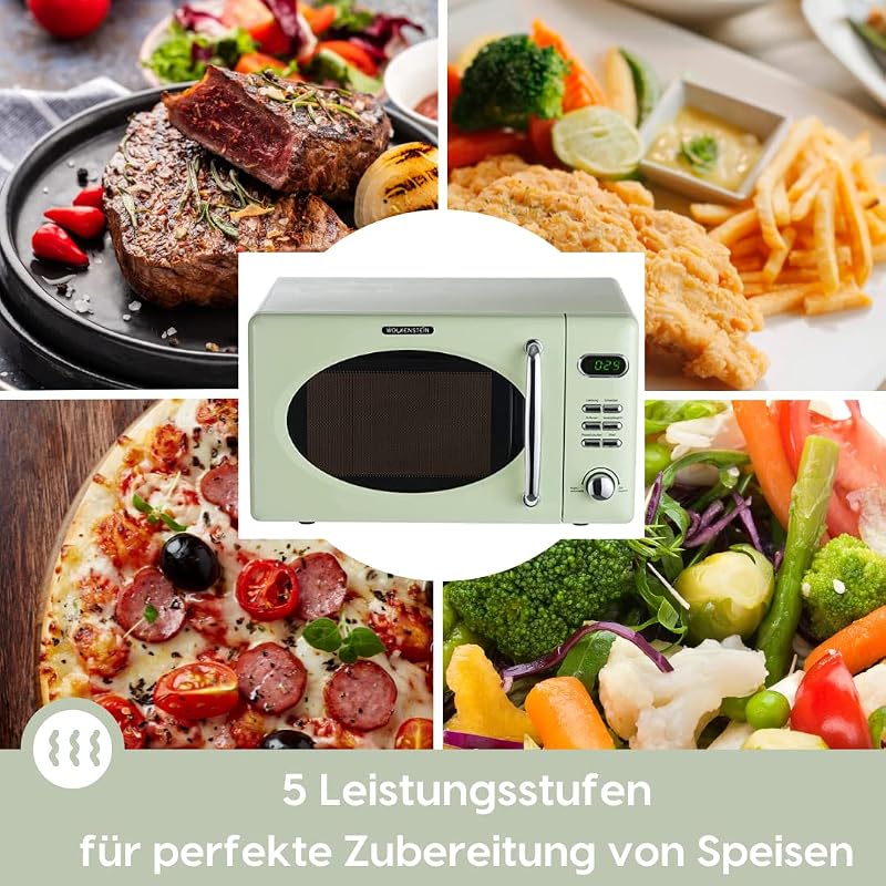 Retro Stand Mikrowelle WMW720 I 700W Mikrowellenleistung I 20L Garraum I5 Leistungsstufen I 8 Garprogramme IAuftaufunktion I Metall-Gehäuse I Drehteller (24,5cm) I LED-Display (Green) — Foto 3 von 6