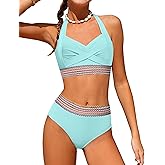 Girls Swimsuits Two Piece Bikini Set Criss Cross Halterneck Woven Contrast Trim Bathing Suits for 9-16Y