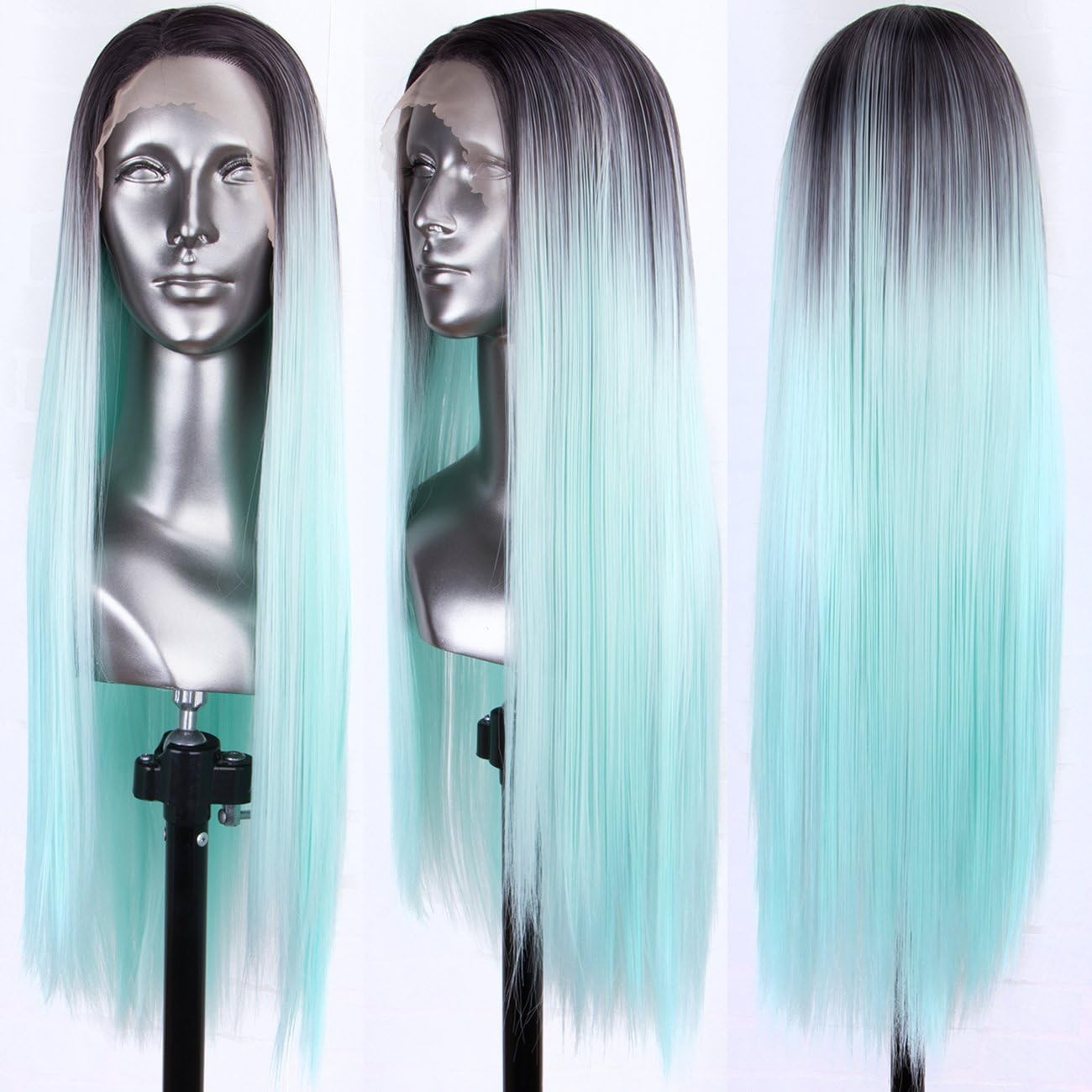 Persephone Glueless L Part Green Lace Front Wigs Ombre with Dark Roots Synthetic Straight Wigs Long with Side Part Ombre Mint Green Lace Wigs for Women 24 Inches
