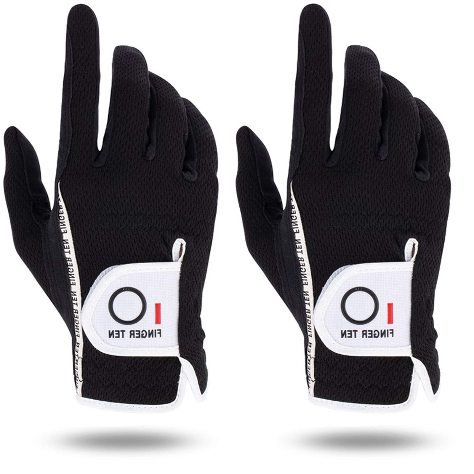 FINGER TEN Golf Gloves Men Rain Hand Grip Weathersof Value 2 Pack, Mens Golf Glove Wear Resistant Non Slip Color Black Flexible Durable (Black-2 Pack, L-Worn on Right Hand)