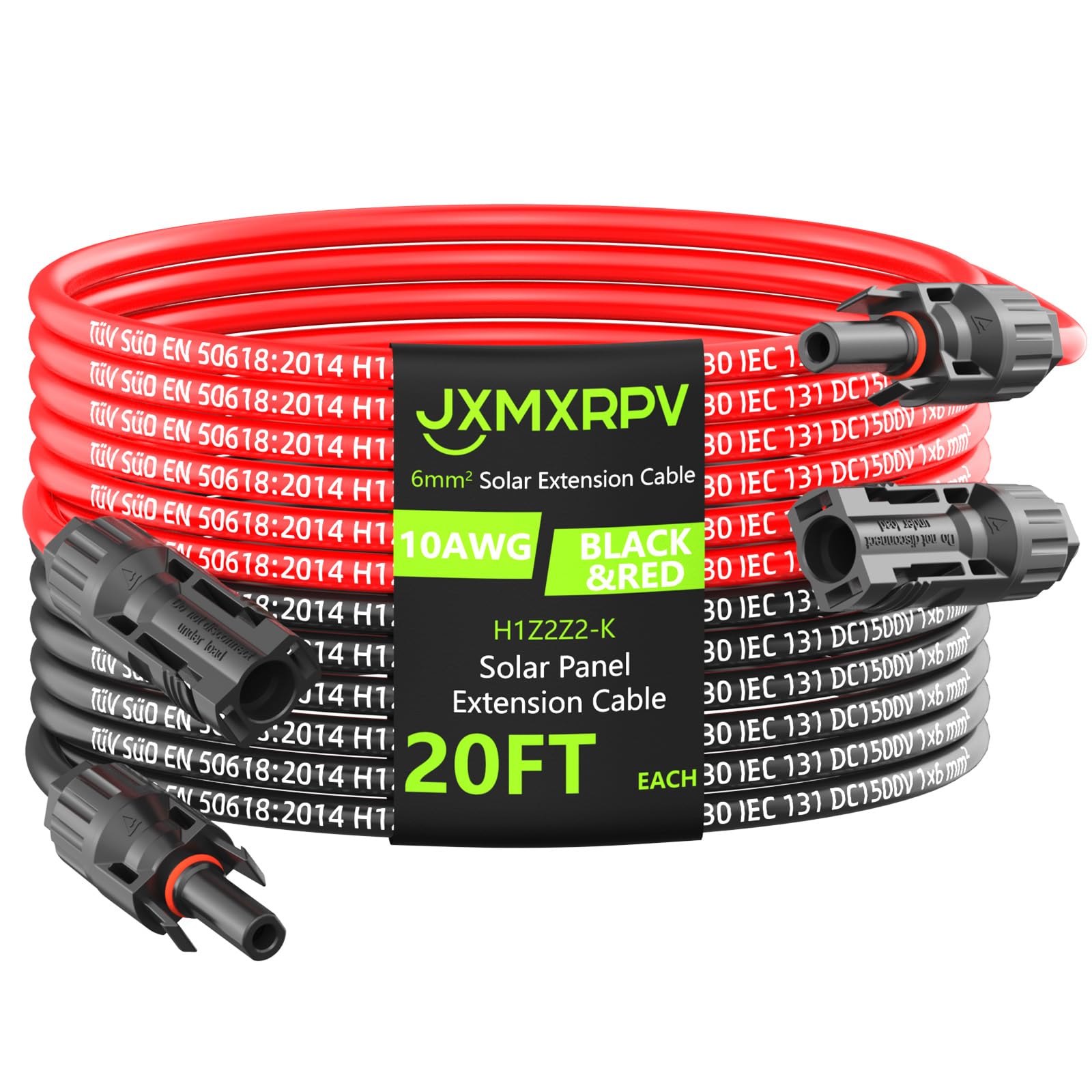 Photo 1 of JXMXRPV Solar Extension Cable 20Ft 10AWG, Solar Wire with Tool-Free Solar Connectors, Waterproof Solar Panel Extension Cable 6mm², PV Cable 10Gauge for Home Boat RV Solar Panels(20ft)