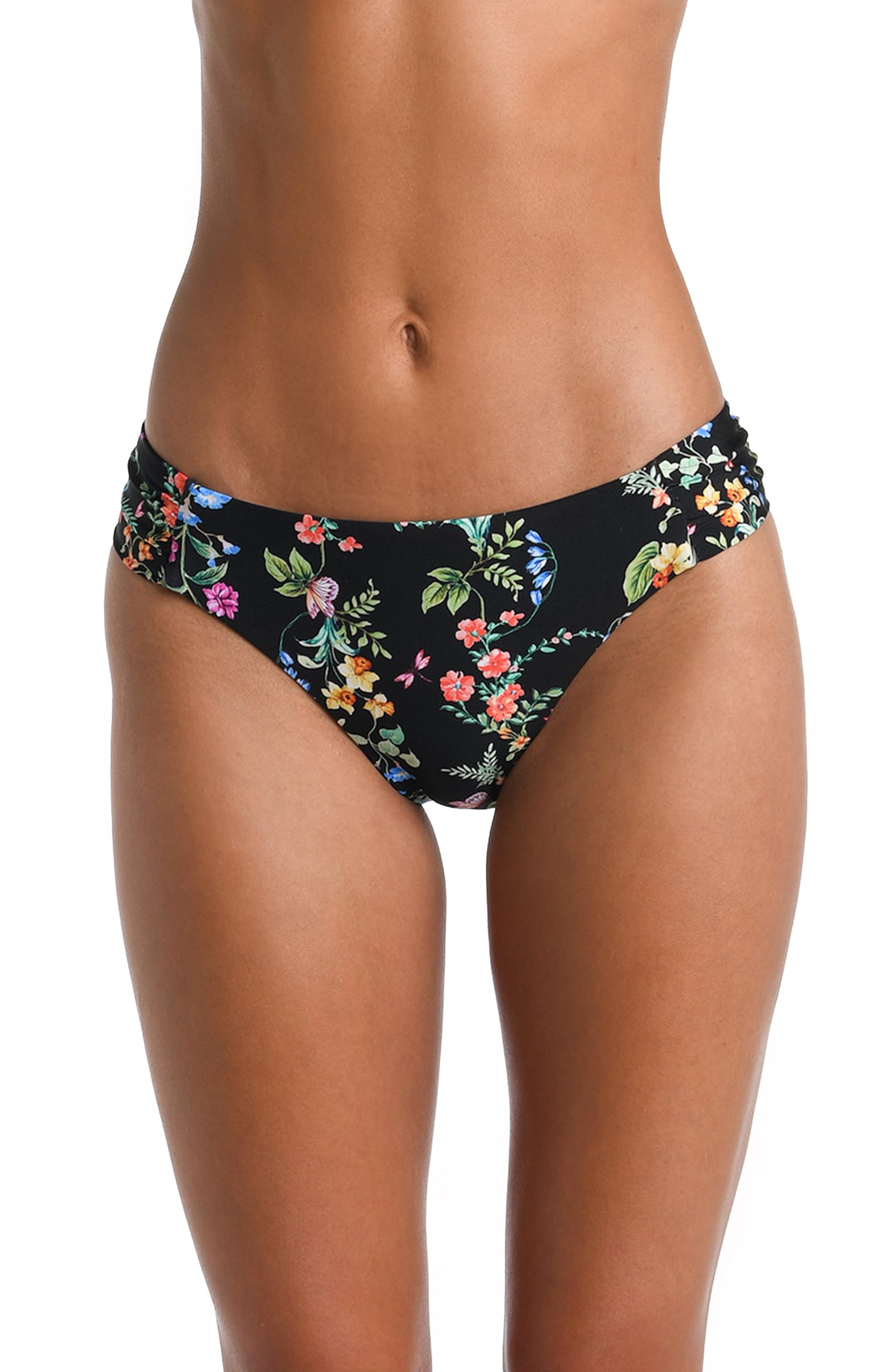 Sunshine 79 Women’s Standard Side Shirred Hipster Bikini Swimsuit Bottom, Black//Wildflower Vines
