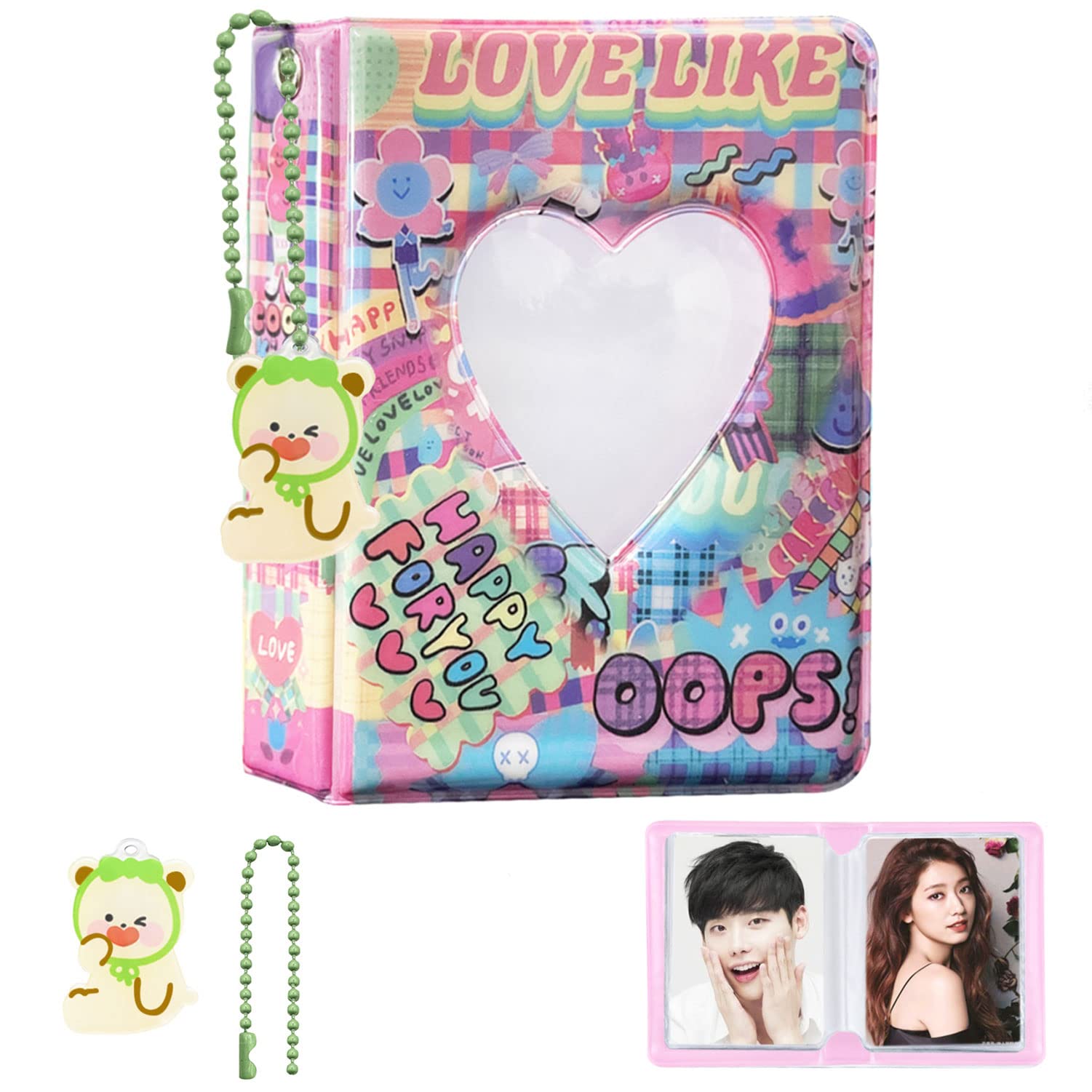 3 Inch Photocard Holder, Kpop Photocard Binder Mini Photo Kpop Album, Love Heart Hollow Portable Photo Card Binder Collector Book with Love Heart Pendant, 40 Pockets