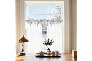 jinchan Linen Tie Top Curtains 36 Inch Length Farmhouse Cafe Curtains Set of 2 for Bedroom Bathroom Rustic Small Windows Light Filtering White Panels with Oat Ties