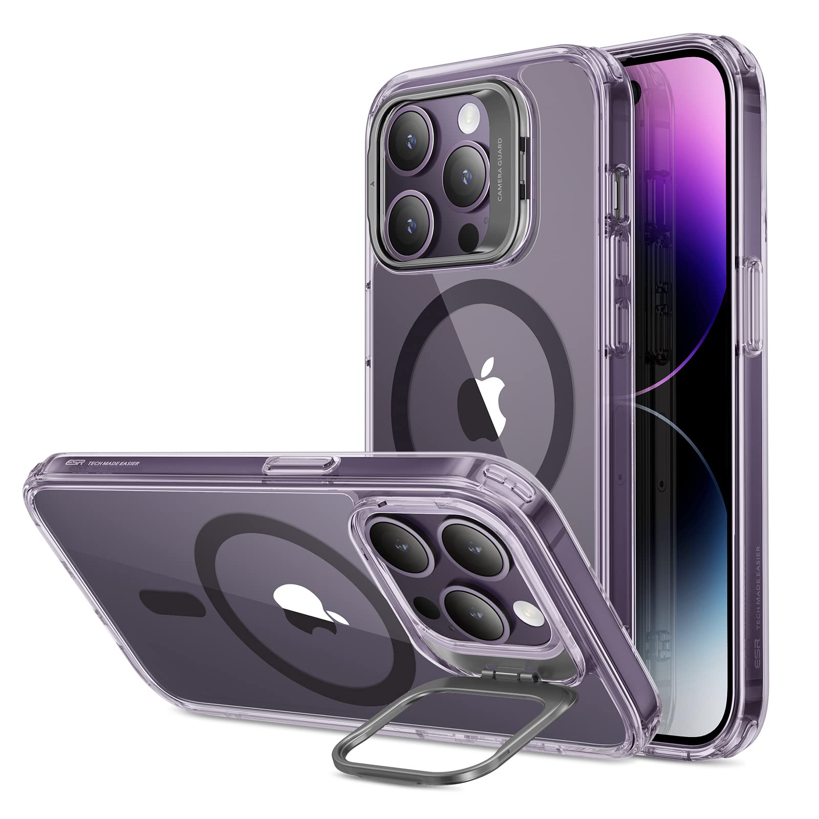 Photo 1 of ESR for iPhone 14 Pro Case, Compatible with MagSafe, Built-in Camera Ring Stand, Military-Grade Protection, Magnetic Phone Case for iPhone 14 Pro, Classic Kickstand Case (HaloLock), Clear Purple