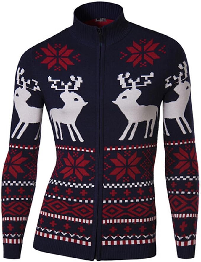 jeansian Men's Deer Jacquard Zipper Knit Sweater Cardigan Jacket Outwear 9447 Navy L at Amazon 