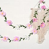EASY JOY Crepe Paper Flowers Banner White Gradient Pink Flower Banners Spring Hanging Paper Floral Leaves Garland for Spring Birthday Wedding Home Decorations