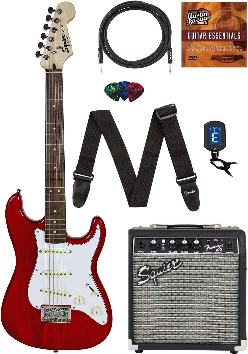 Fender Squier Paquete Stratocaster de escala corta de 24 pulgadas, paquete rojo transparente con amplificador Frontman 10G, afinador, cable de instrumento, correa, púas, lecciones en línea y DVD instructivo de Austin Bazaar