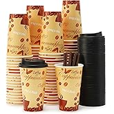 Tamone TACC 100 PACK 16OZ Thanksgiving Cups Disposable Coffee Cups with Lids and Stirrers, To Go Coffee Cups with Lids Leak Proof, Coffee Design Brown Paper Cups for Cold/Hot Beverage Chocolate Cocoa