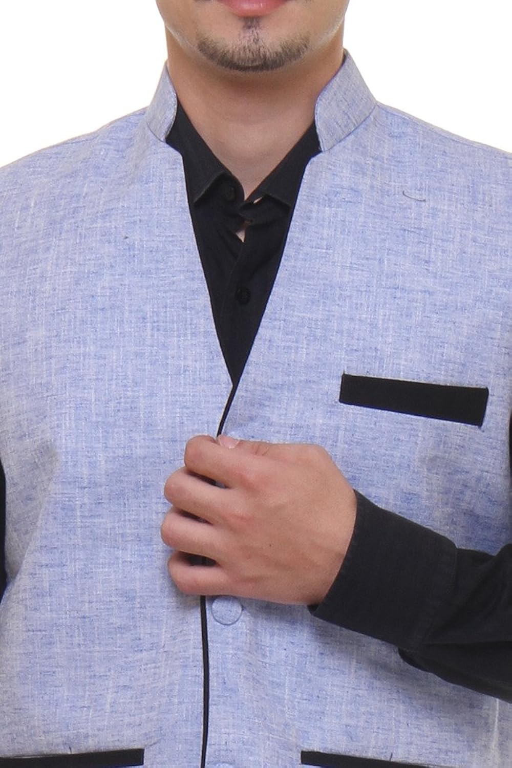 routeen blue casual formal v neck waistcoat linen jackets for men