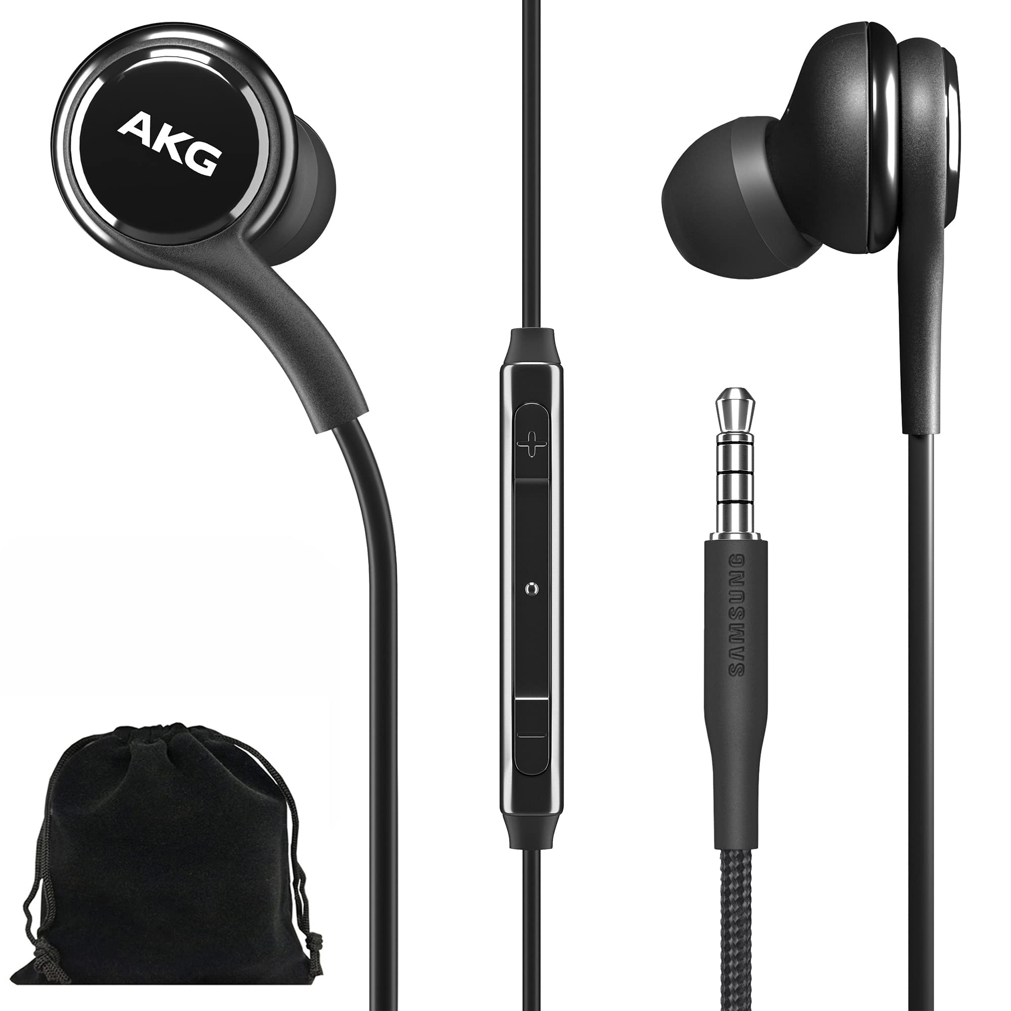 Photo 1 of Samsung AKG Earbuds Original 3.5mm in-Ear Headphones with Remote & Mic for Galaxy A71, A31, Galaxy S10, S10e, Note 10, Note 10+, S10 Plus, S9 - Braided, Includes Velvet Carrying Pouch - Black