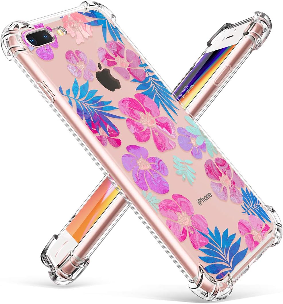 GVIEWIN Floral Flowers Design for iPhone 7 Plus Case/iPhone 8 Plus Case, with Shock Absorption Bumper Ultra-Thin Flexible Clear TPU Cover, Women Phone Cases (Fancy Leaves/Purple)