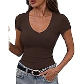 GEMBERA Womens' Stretchy V Neck Short Sleeve Form Fitted Casual Basic Top T-Shirts