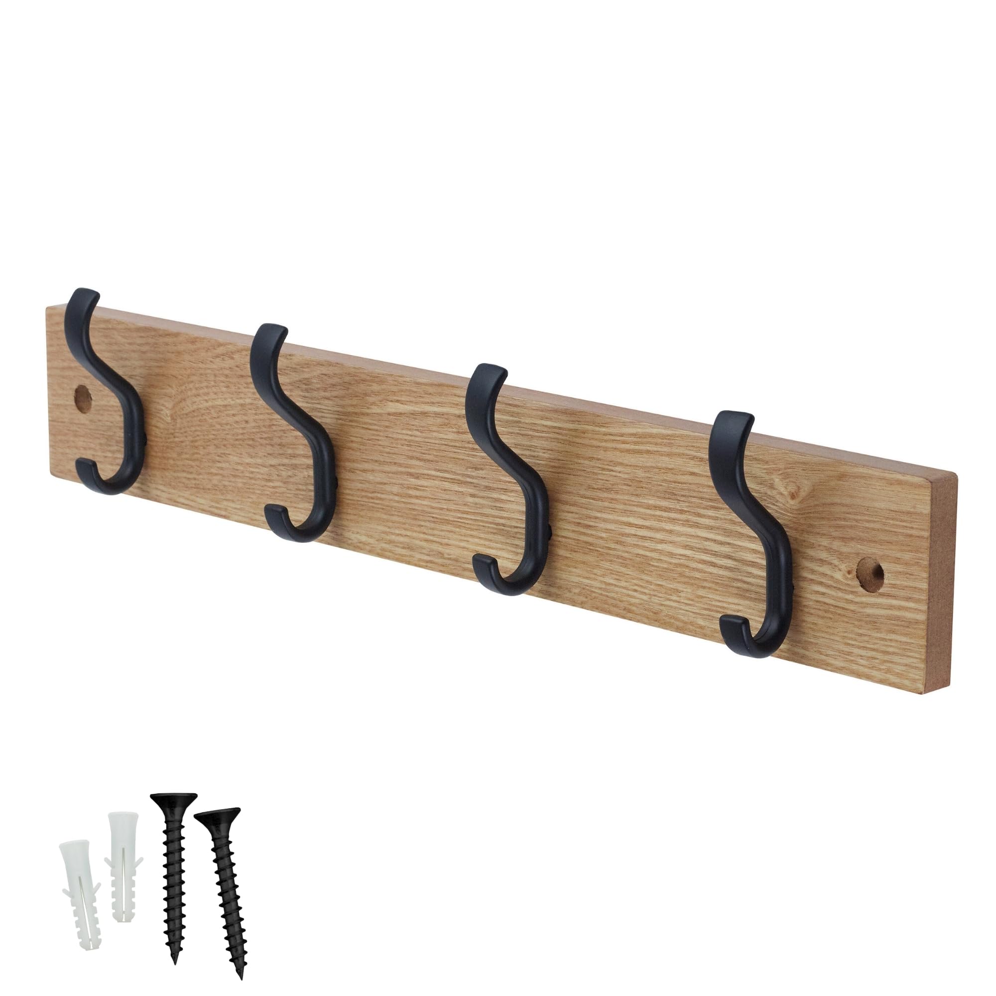 keypak Minimalistic Wall-Mounted Coat Rack – 4 Hooks on Stylish Modern Wooden Base for Wall & Door – 38cm – All Fixings Included (Matte Black/Ash Effect)