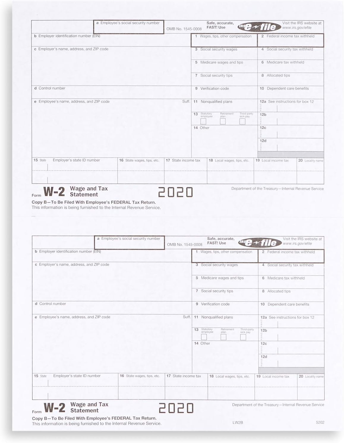 W2 Forms 2020, 4 Part Tax Forms, 25 Employee Kit of Laser Forms, Compatible with QuickBooks and Accounting Software, 25 Self Seal Envelopes Included : Office Products
