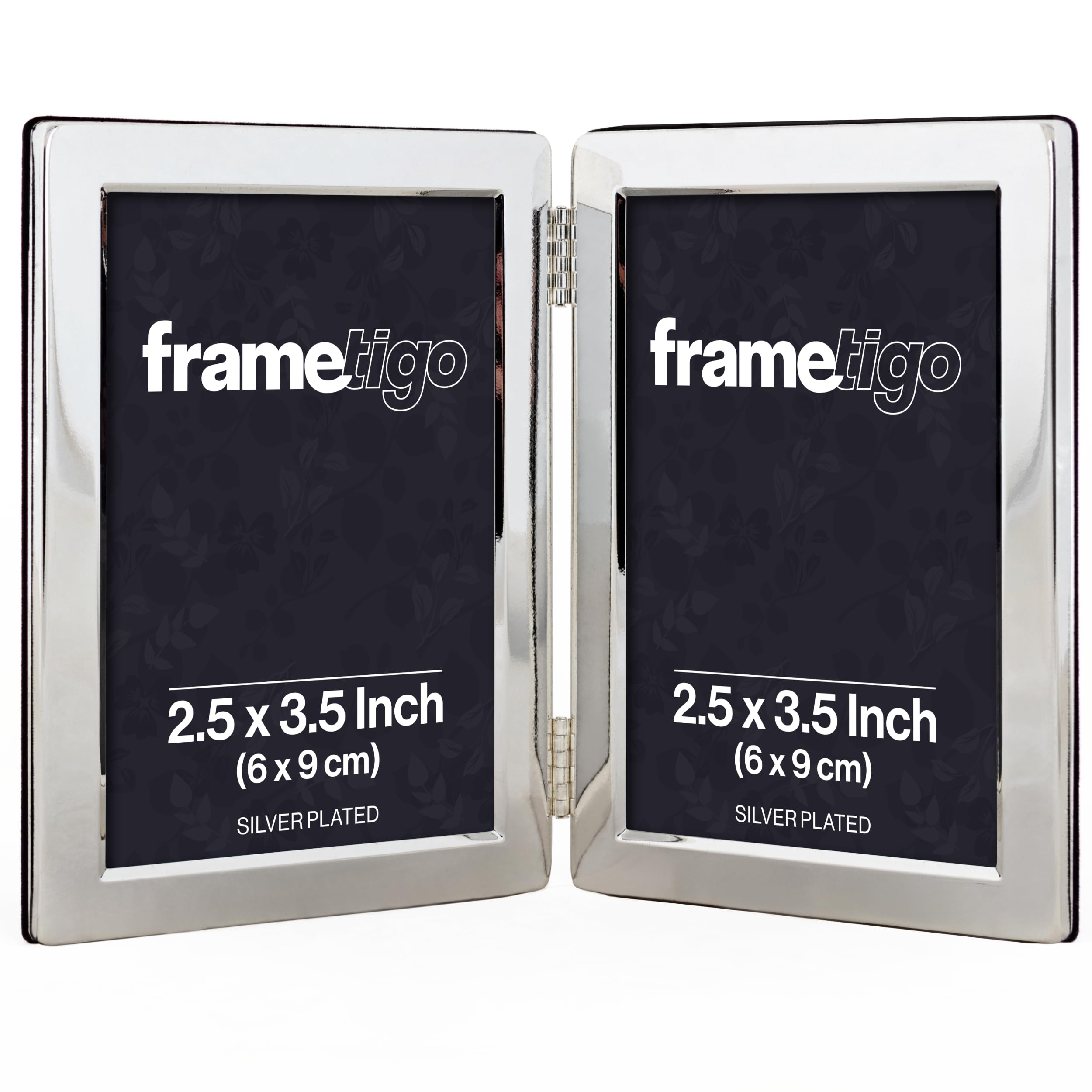 Frametigo - Silver Plated Flat Edge Double Photo Frame, 2.5"x3.5" (6x9cm) Photo Size - Portrait Orientation - Real Glass Window - Traditional Silver Picture Frames - Tarnish Resistant