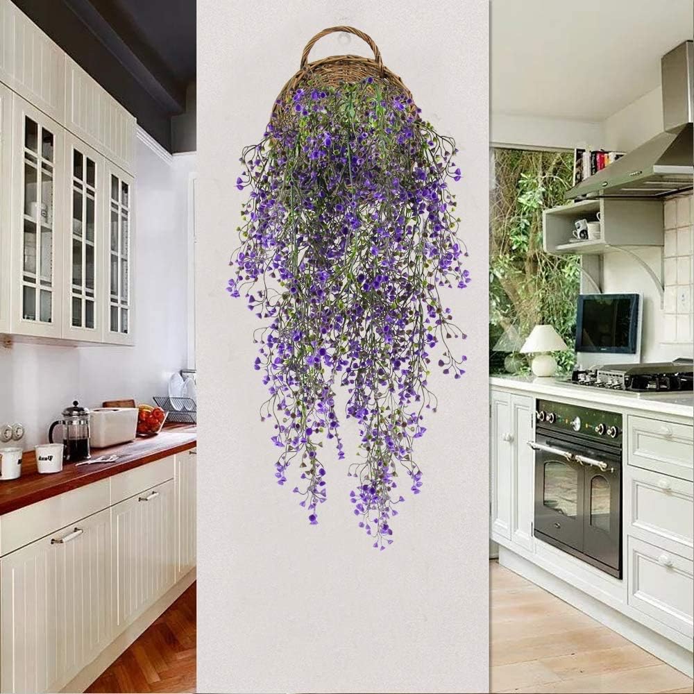 Shiwaki 2Pcs Imitation Admiralty Willow Wall Hanging Rattan Flower Vine Wall Home Garden Wedding Decor Vine (Purple) - Image 5
