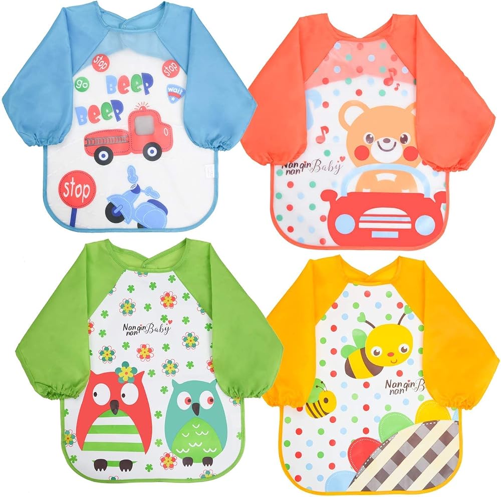Vicloon Bibs with Sleeves 4 Pcs Waterproof Long Sleeve Feeding Bibs