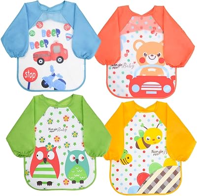Vicloon Bibs with Sleeves 4 Pcs Waterproof Long Sleeve Feeding Bibs