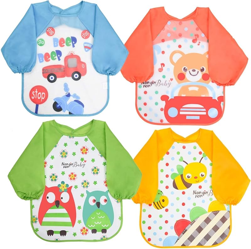 Vicloon Bibs with Sleeves 4 Pcs Waterproof Long Sleeve Feeding Bibs