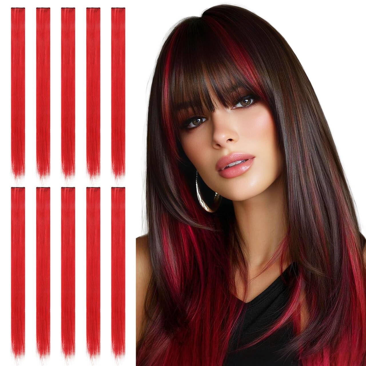 Sofeiyan Colored Hair Extensions Straight Hairpiece 22 Inch 10 Pcs Colorful Clip in Hair Extensions Synthetic Colored Party Highlights for Women, Red — image 1