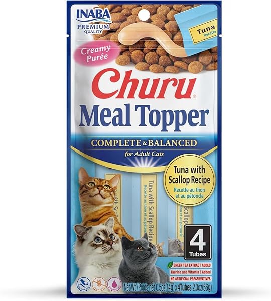 INABA CHURU MEAL TOPPER FOR CATS, COMPLETE & BALANCED, CREAMY, LICKABLE PURÉE CAT FOOD TOPPER, 0.5 OUNCE TUBE, 4 TUBES (4 PER PACK), TUNA WITH SCALLOP RECIPE