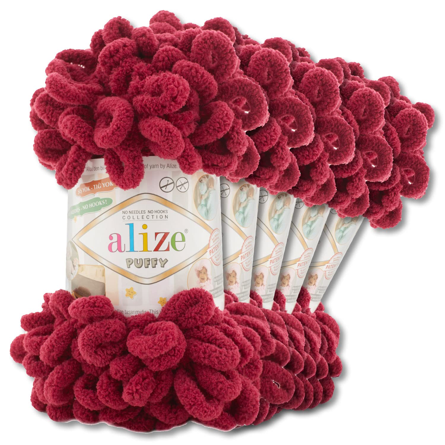 Wohnkult Alize Puffy Wool Chenille Loop Wool, 5 x 100 g, Crochet and Knit without Tools, Clothing, Accessories, Blankets, Rugs (107 | Burgundy)