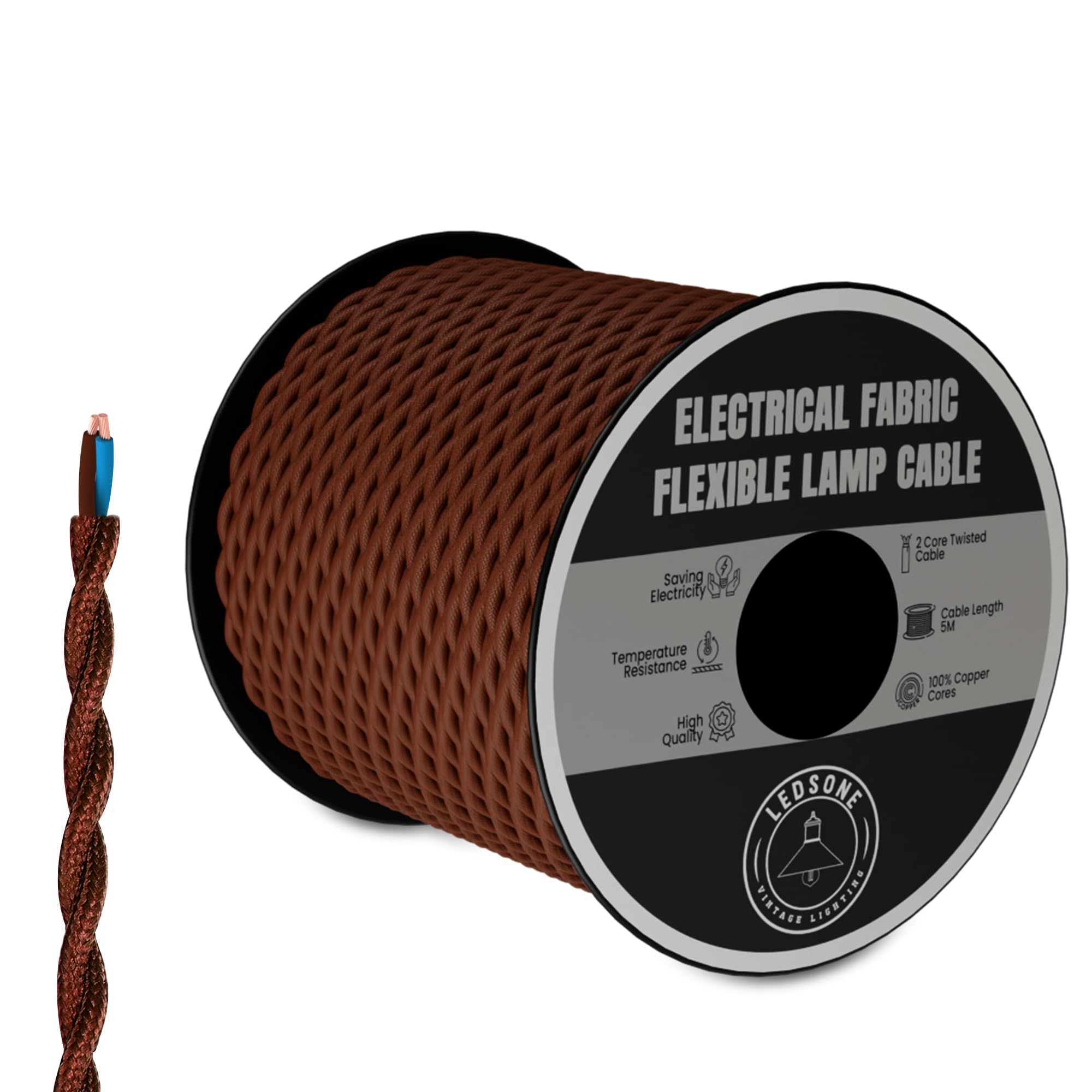 LEDSone Vintage Colored Twisted Braided Fabric Flex 5M Cable Wire Cord Electric Light Lamp 2 Core DIY Wire Lighting UK Wire (Dark Brown)