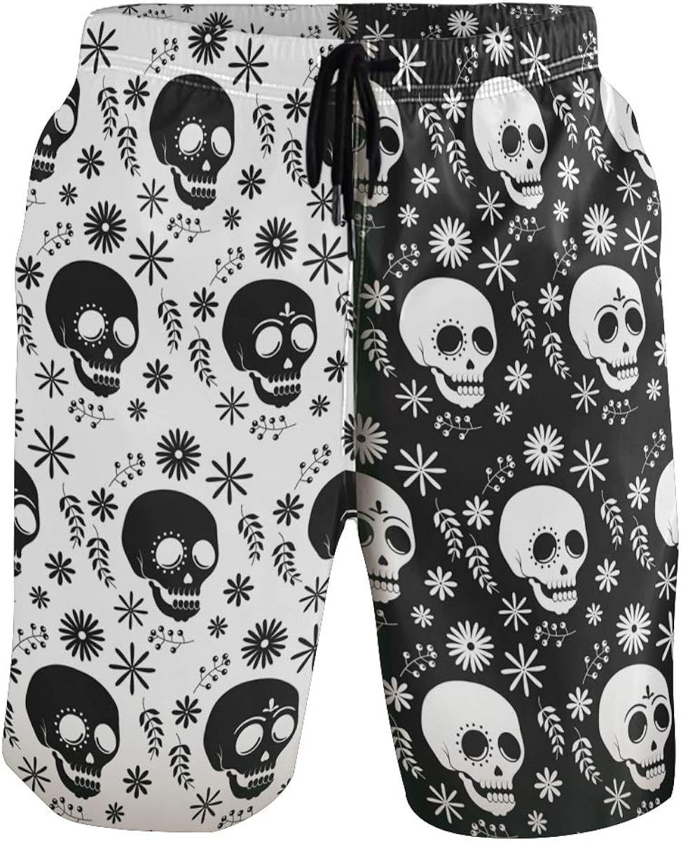 Mens Swim Trunks Colorful Skulls Board Shorts with Pocket Beach Shorts
