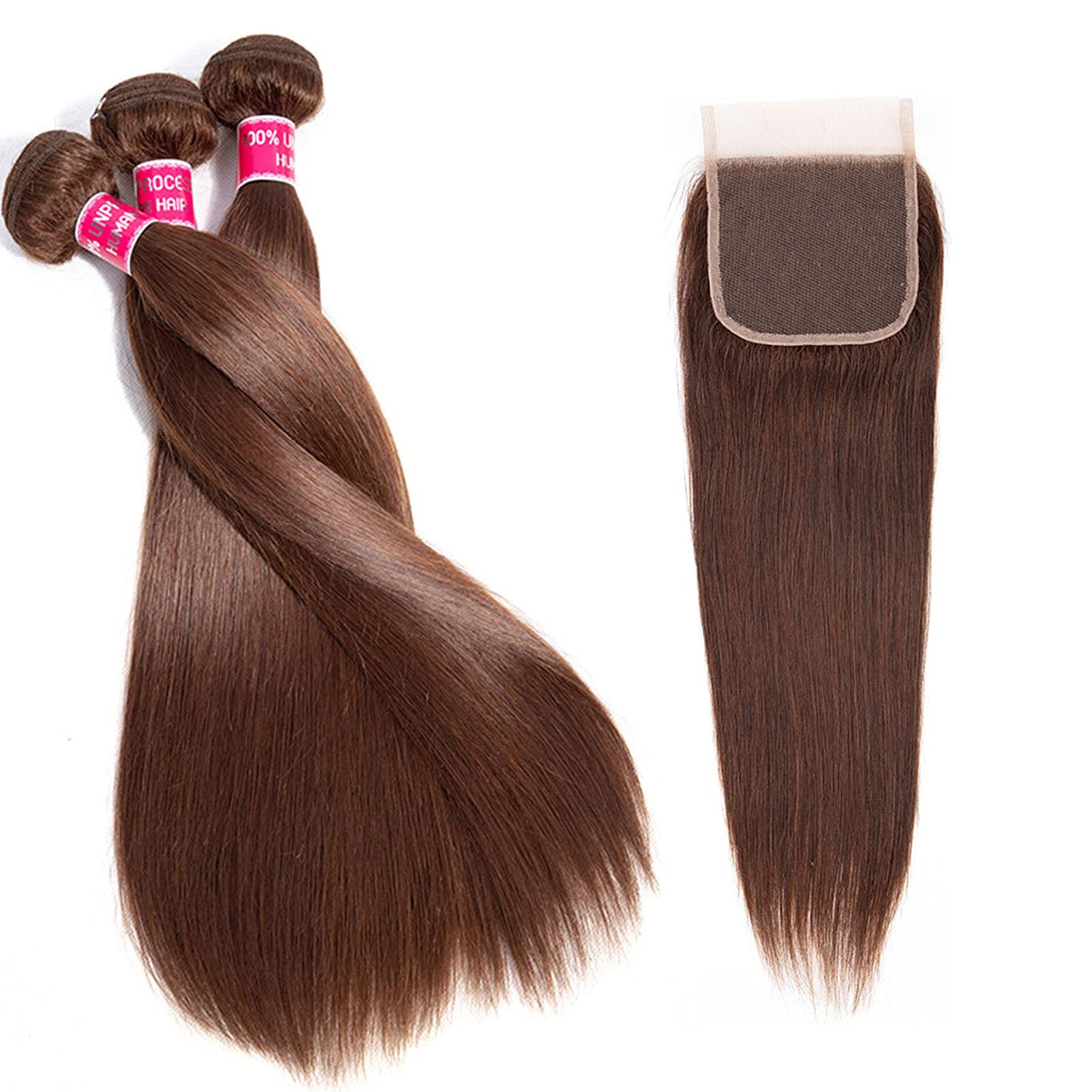 Aiokrtse Peruvian Virgin Hair Straight Human Hair Bundles Hair Weave 100% Human Hair Extensions 12 14 16 with 10" Free Part 4X4 Lace Closure #4 Light Brown Color — image 1