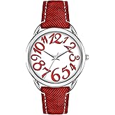 Bisley Women Watch Big Arabic Numbers Dial Easy to Read Denim Leather Strap Watch