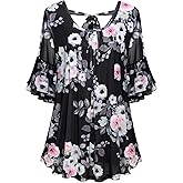 AxByCzD Womens 3/4 Bell Sleeve Pleated Front Floral Print Casual Blouses