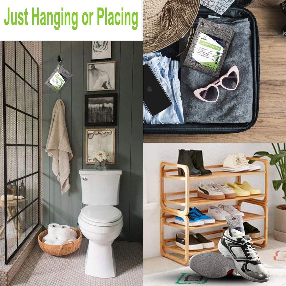 AGOESH Bamboo Charcoal Air Purifying Bag 8 Pack with 4 Hooks,Activated Charcoal Bags Odor Absorber,Chemical&Fragrance Free,Nature Fresh Charcoal Bags for Home,Car,Pet Areas: Home & Kitchen