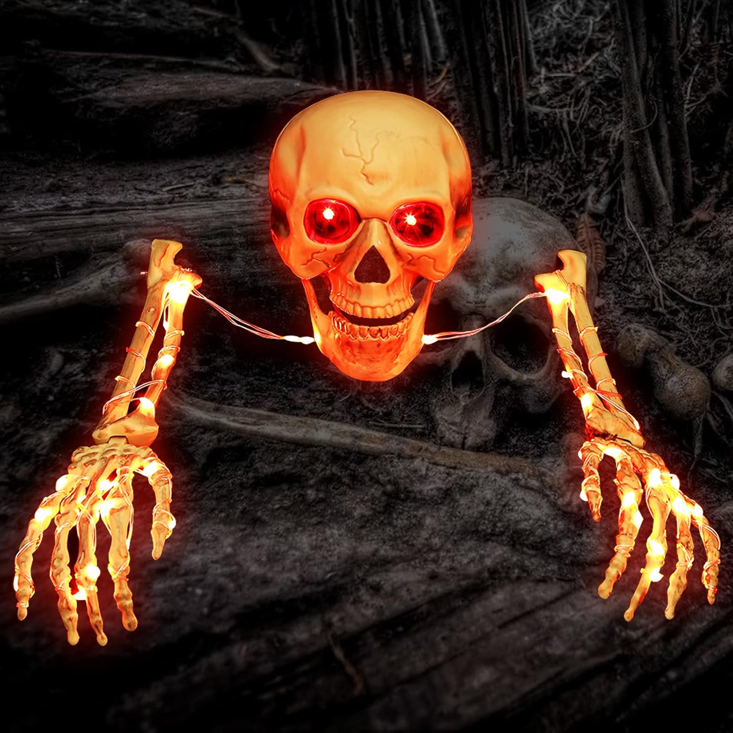 Decorative Garden Stakes - CPHBO Halloween Decoration Skeleton Stakes, Realistic 3pcs Lighted Light up Skull Head Arms with Stakes 50 LED Lights Waterproof Battery Operated Timer for Lawn Garden Outdoor Yard Party white