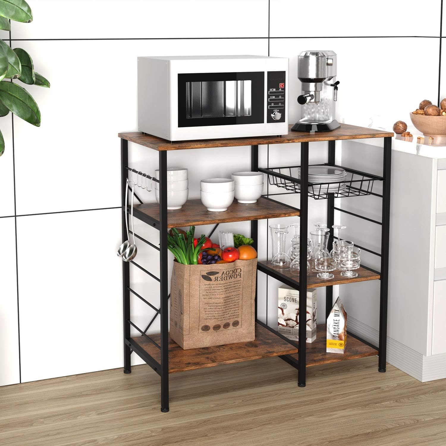 IRONCK Industrial Kitchen Baker’s Rack, Kitchen Island Utility Storage Shelf, Coffee Bar Microwave Stand with 6 Hooks, Metal Frame, Simple Assembly, Vintage Brown - Standing Baker's Racks