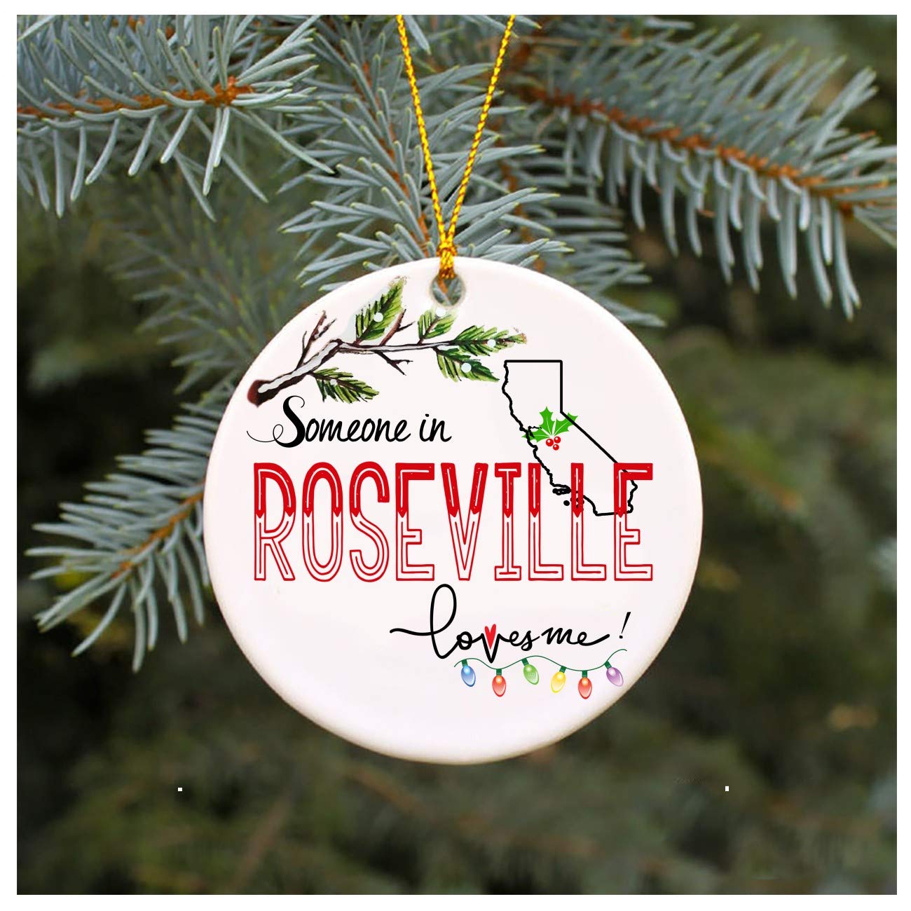 Christmas Ornaments 2019 Family Someone In Roseville California Loves Me CA Xmas Gifts Cute Owl Family Keepsake Present Xmas Present Mom Dad Wife Husband Ceramic 3" Flat Circle
