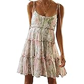 kinstell Women's Boho Spaghetti Strap Ruffle Square Neck Bowknot Backless Sleeveless Elegant Flowy Mini Short Skater Dresses
