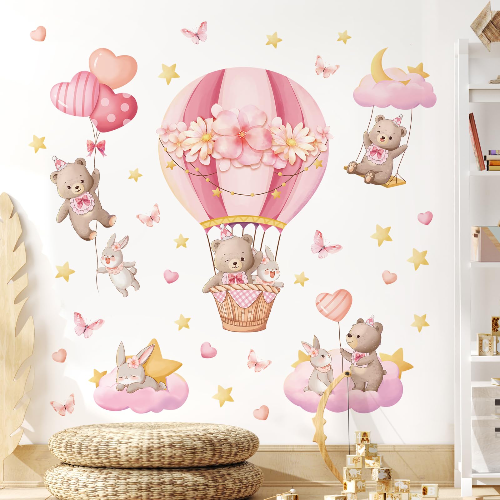 Tanlaby Pink Hot Air Balloon Wall Stickers Cartoon Bear Rabbit Stars Hearts Wall Decals Peel and Stick Art Decor for Girls Bedroom Baby Nursery Kids Playroom Daycare Classroom
