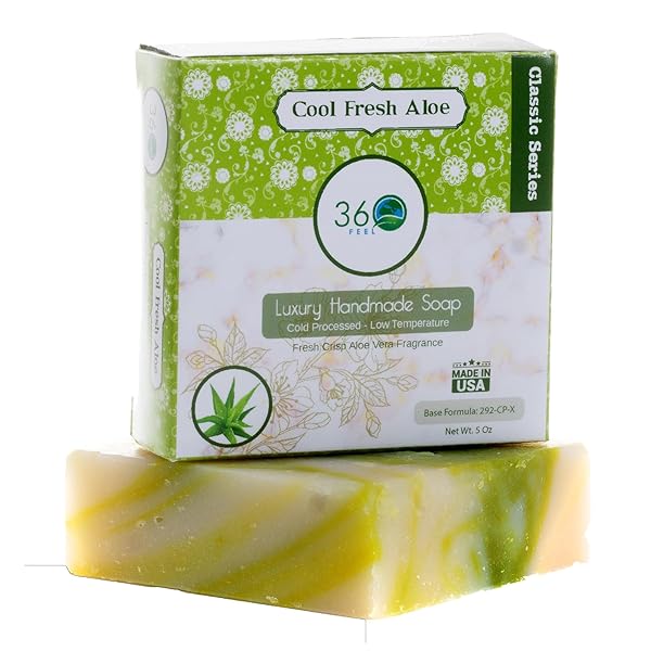 360FEEL COOL FRESH ALOE SOAP – HANDCRAFTED CASTILE BAR SOAP WITH SOOTHING SCENT – HANDMADE WITH ESSENTIAL OILS – IDEAL GIFT FOR ANNIVERSARIES, WEDDINGS, AND HOLIDAY STOCKINGS – RICH LATHER – 5 OUNCE
