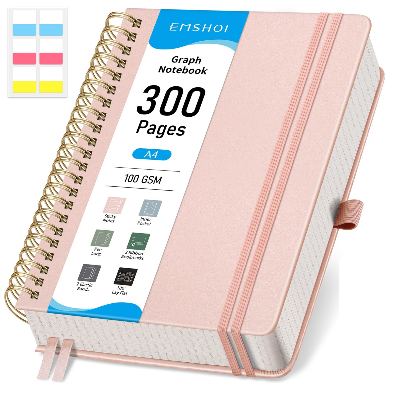 EMSHOI A4 Graph Paper Notebook, Spiral Notepad 150 Sheets/300 Pages, 100gsm, Hardback, Sticky Notes, Pocket, Pen Loop, Ruler, Bookmark, Squared Journal for Women Men Writing, 21x28.5cm, Rose Gold