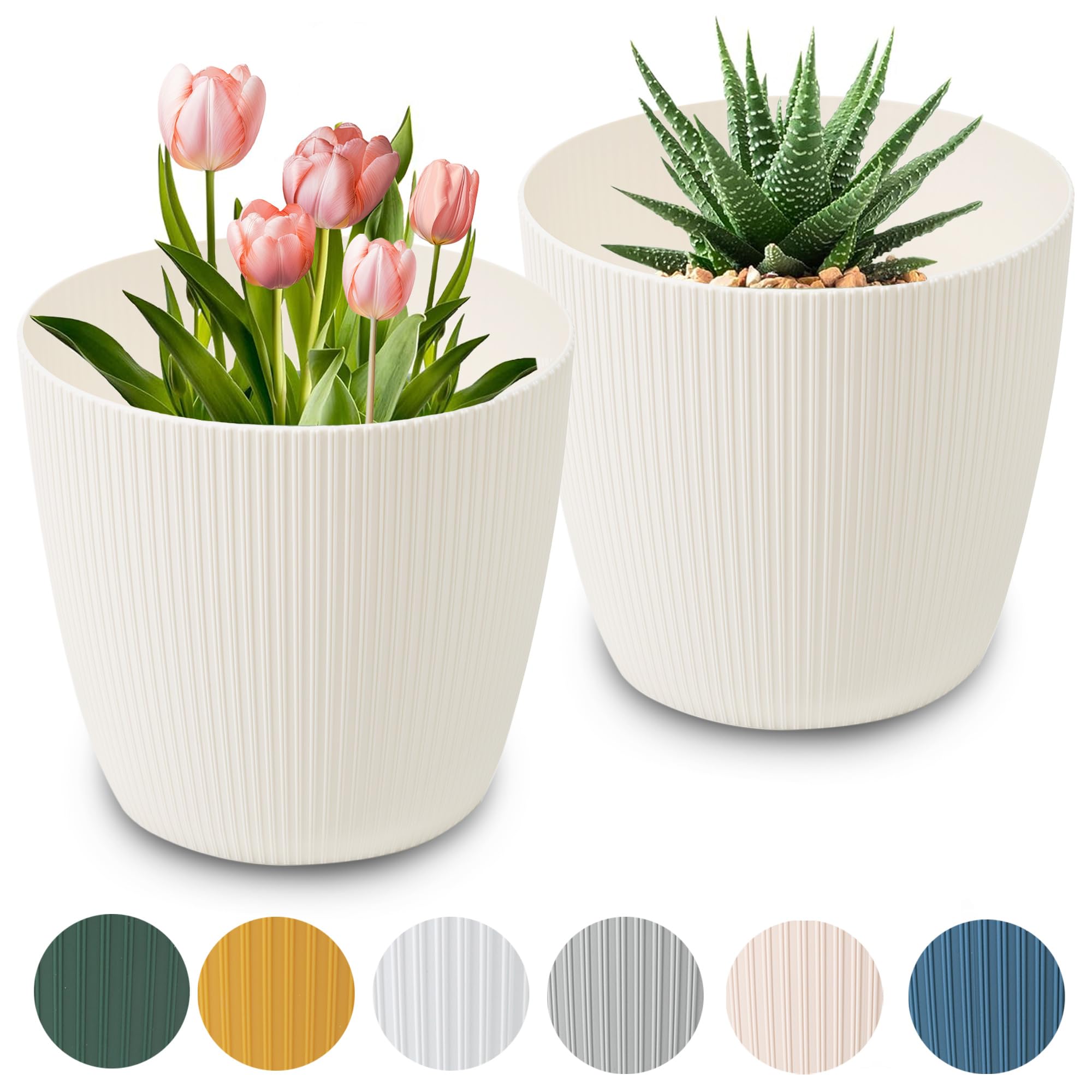 PECZEKO Matte Flower Pot, Plastic Plant Pot, Decorative Pot for, Large and Small, Plants, 2 x Flower Pot Set, Flower Pot, Herb Pot, Set of 2 (Cream, Diameter 14 cm)