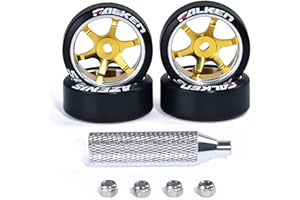 Abendor 4Pcs 22mm 1/28 Rc Car Drift Wheel Hub with Rc Car Drift Tires for 1/28 Mini-Q HGD1 DRZ Wltoys K969 RC Drift Car Upgrade Parts (Logo-Gold)