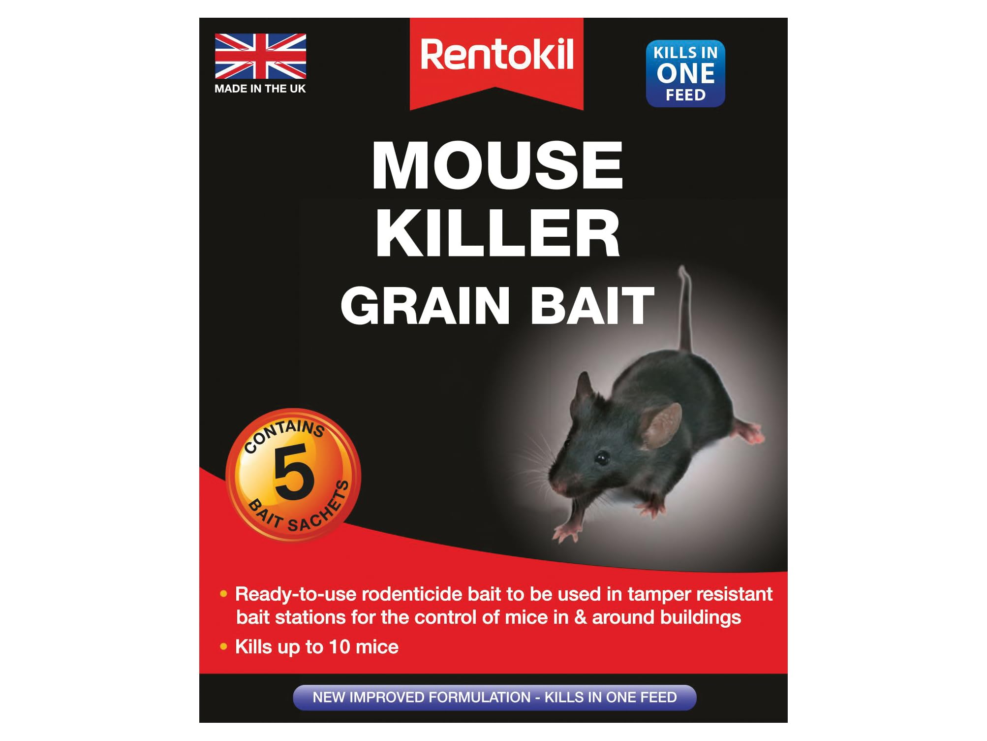 Rentokil PSM21 Mouse Killer Grain Bait, Black, 3.5 x 10.5 x 12.5 cm
