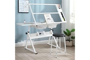 Miscoos White Adjustable Tempered Glass Drafting Table with Chair, 39.76" x 23.60" | Steel Frame, Anti-Slip Feet, Storage & Pen Holder