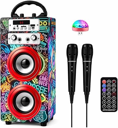 Dynasonic Karaoke Machine 2 Microphones Portable Bluetooth Speaker Lights USB SD