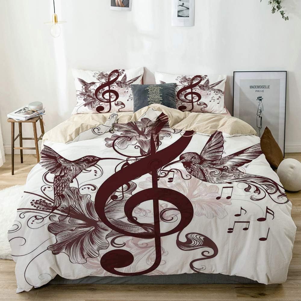 YOLIKA Duvet Cover Set Cute Floral Design with Treble Clef and Singing Flying Birds Sparrows Art Beige Decorative 3 Piece Bedding Set with 2 Pillow Shams King Size